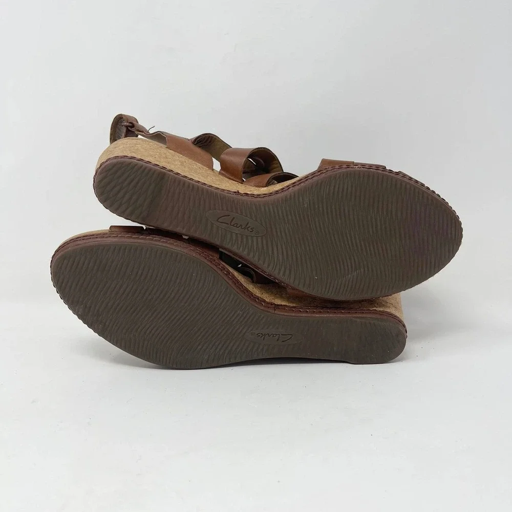 Clarks Helio Mindin Lace Up Cork Wedge Sandals Wms 10 Brown Leather Soft Cushion